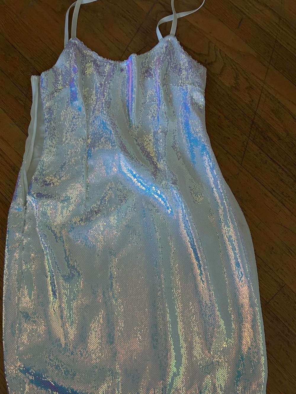 PrettyLittleThing Iridescent Sequin Slip Dress in White with Blue Sheen